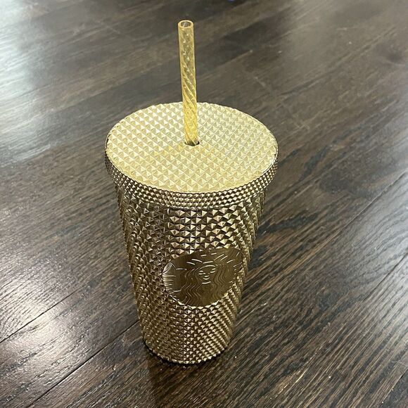 Starbucks Tumbler Gold Diamond Studded Cold Cup Grande 16oz 2022 - Picture 1 of 4